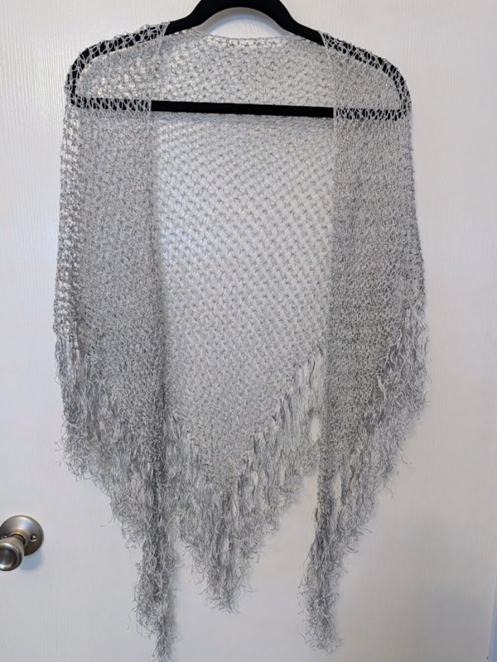Delicate silvery gray open weave fringed wrap NWOT